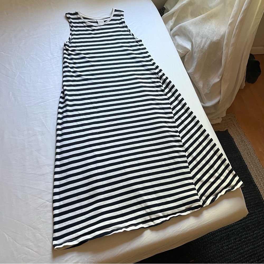 KOWTOW navy blue white‎ striped organic cotton knit sleeveless midi dress